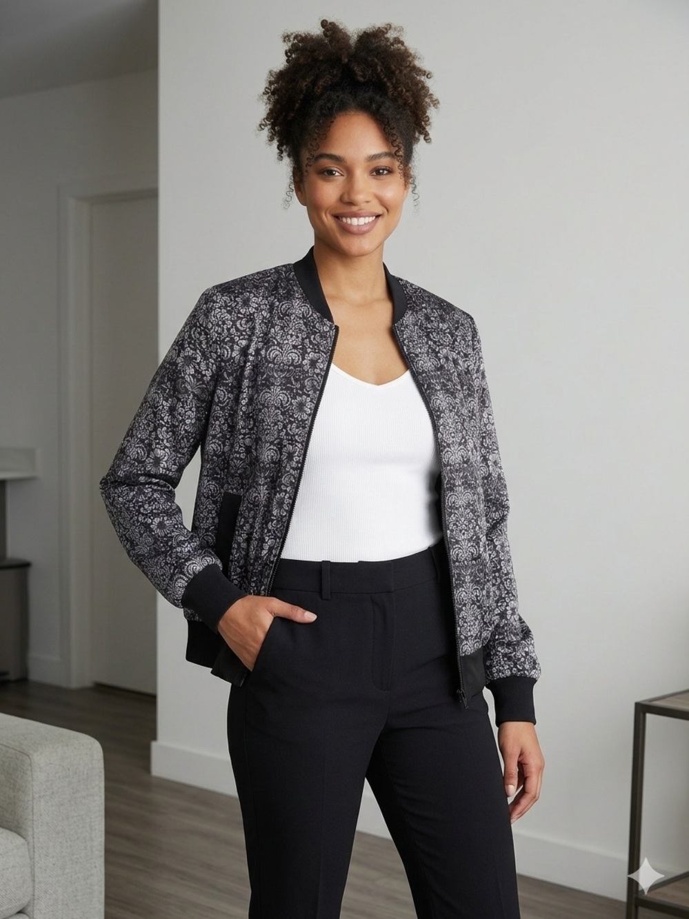 Womens Black & Gray Patterned Bomber Jacket